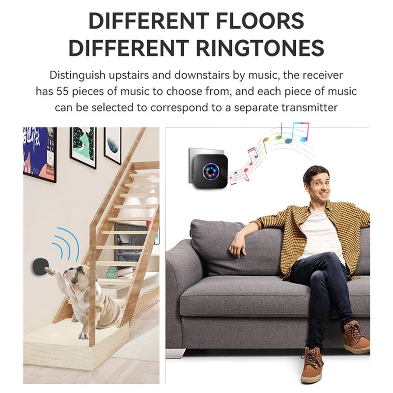 N65Q-2T2 Cute Cartoon Wireless Door Bell 55 Ringtones Flashing Home Doorbell, 2 Transmitter+2 Receiver - US Plug / Black