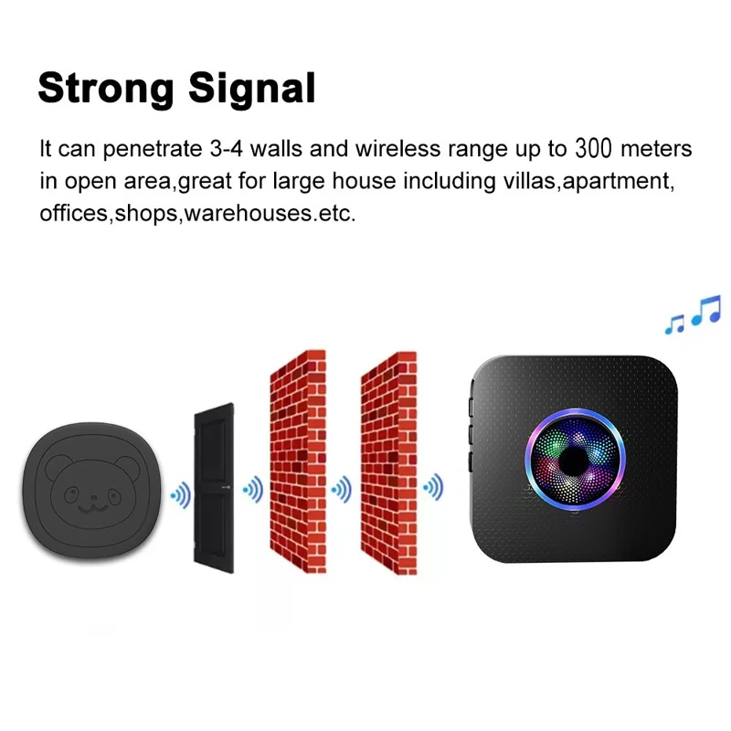 N65Q-2T2 Cute Cartoon Wireless Door Bell 55 Ringtones Flashing Home Doorbell, 2 Transmitter+2 Receiver - US Plug / Black