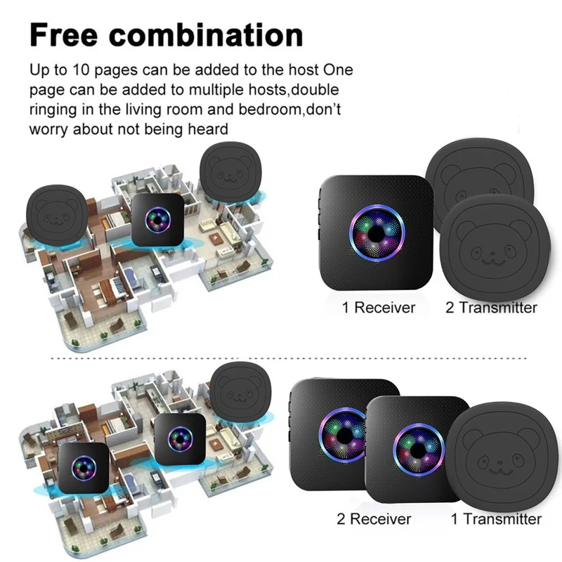 N65Q-2T2 Cute Cartoon Wireless Door Bell 55 Ringtones Flashing Home Doorbell, 2 Transmitter+2 Receiver - US Plug / Black