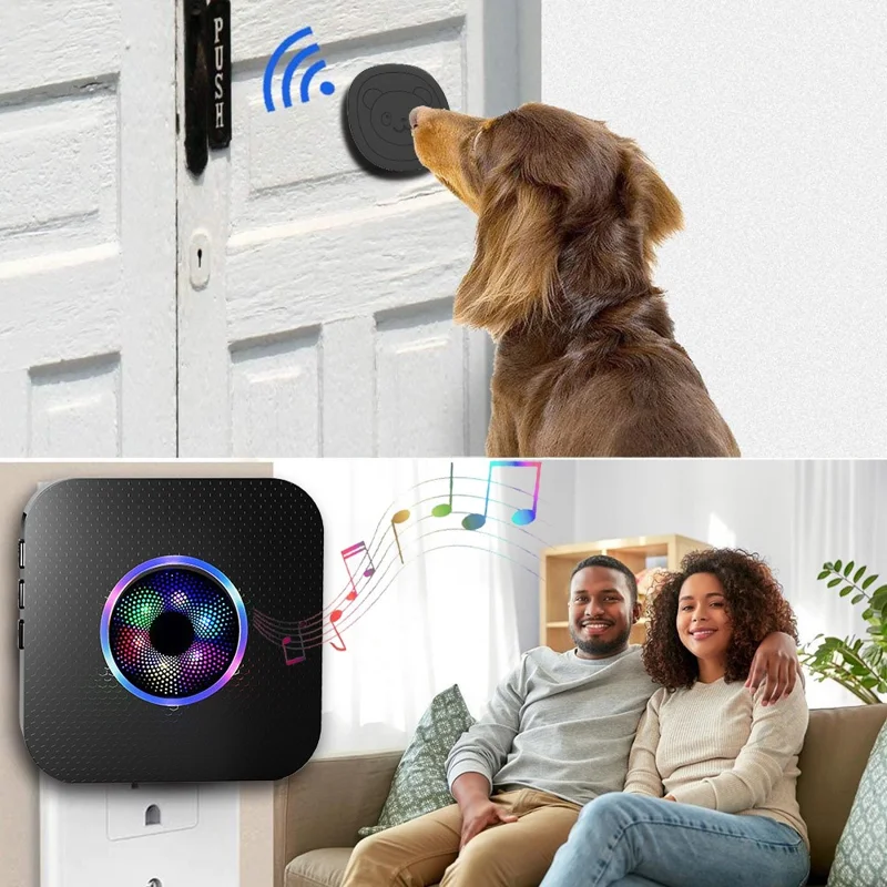N65Q-2T2 Cute Cartoon Wireless Door Bell 55 Ringtones Flashing Home Doorbell, 2 Transmitter+2 Receiver - US Plug / Black