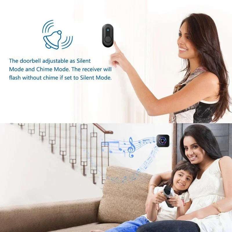N65-2T1 Campanello Wireless Colorful Light Flashing 55 Suonerie Home Doorbell, 2 Trasmettitore+1 Ricevitore - Spina USA / Nero