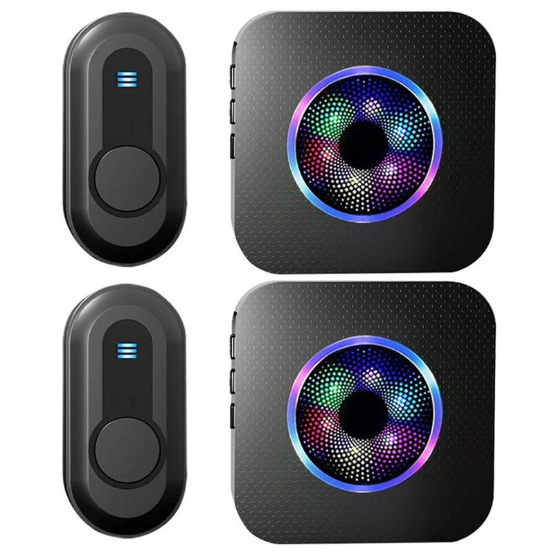 N65-2T2 Colorful Light Flashing Home Doorbell 55 Ringtones Wireless Door Bell, 2 Transmitter+2 Receiver - US Plug / Black