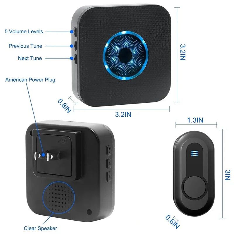 N65-2T2 Colorful Light Flashing Home Doorbell 55 Ringtones Wireless Door Bell, 2 Transmitter+2 Receiver - US Plug / Black