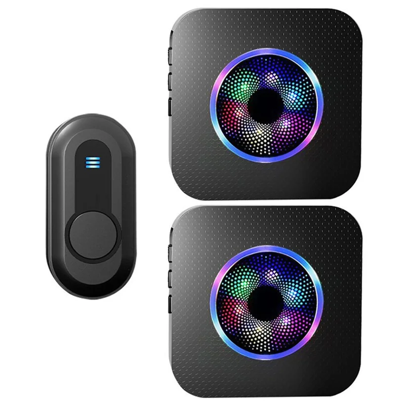 N65-1T2 Home Wireless Door Bell Colorful Light Flashing Adjustable Volume Doorbell, 1 Transmitter+2 Receiver - US Plug / Black