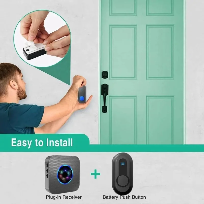 N65-1T1 Wireless Door Bell Colorful Light Flashing Adjustable Volume Home Doorbell, 1 Transmitter+1 Receiver - EU Plug / Black