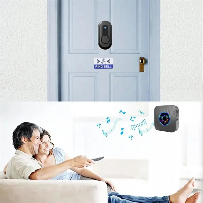 N65-1T1 Wireless Door Bell Colorful Light Flashing Adjustable Volume Home Doorbell, 1 Transmitter+1 Receiver - EU Plug / Black