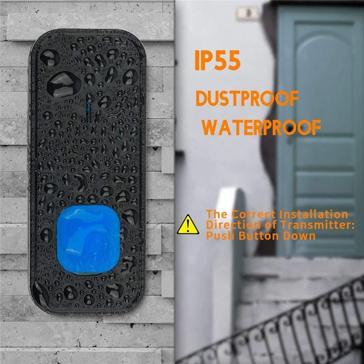 N20K-2T2 Home Doorbell 55 Ringtones Waterproof Wireless Door Bell with LED Light, 2 Transmitter+2 Receiver - US Plug / Black