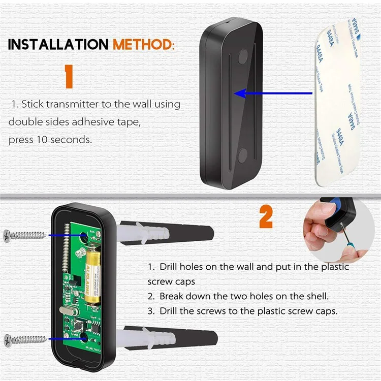 N20K-2T1 Waterproof Home Doorbell 55 Ringtones Wireless Door Bell with LED Light, 2 Transmitter+1 Receiver - US Plug / Black