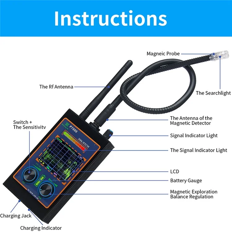 P7000 High Sensitivity Wireless RF Signal Hidden Camera Detector Scan Magnetic GPS Locator