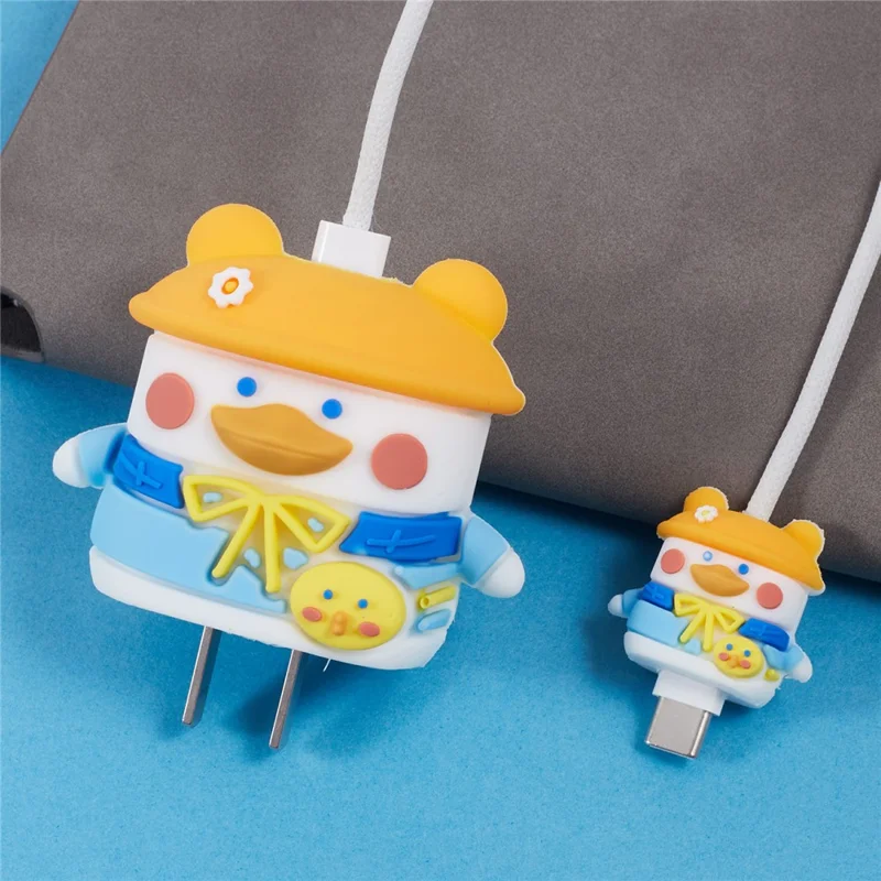 1 Set Cartoon Hat Duck Protective Case Silicone Adapter Charger Cable Protector Cover for iPhone 18W  /  20W Charger - Orange