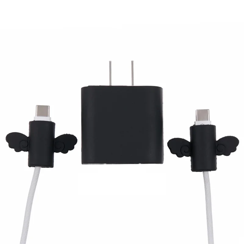 Solid Color Wings Protective Sleeve for Apple iPhone 18 / 20W Charger Cover + 2Pcs Data Cable Saver Silicone Case - Black