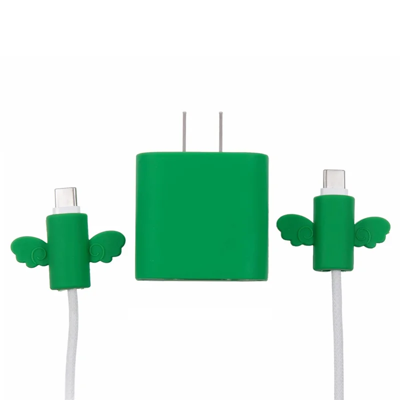 Solid Color Wings Protective Sleeve for Apple iPhone 18 / 20W Charger Cover + 2Pcs Data Cable Saver Silicone Case - Green