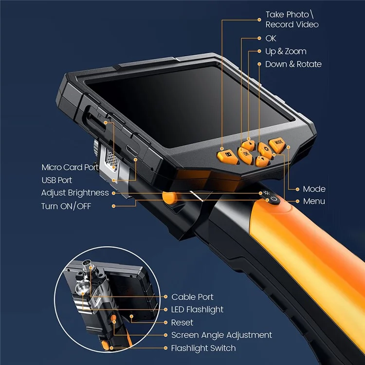 Teslong NTS300 1m Fil 5,0 Pouces Endoscope HD Endoscope 8 mm Double D'objectif Inspection de Cascope