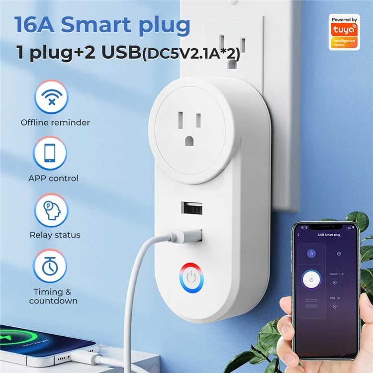 Tuya Bluetooth+Wifi Smart Plug 16A Power Socket Wall Charger with USB Port - US Plug