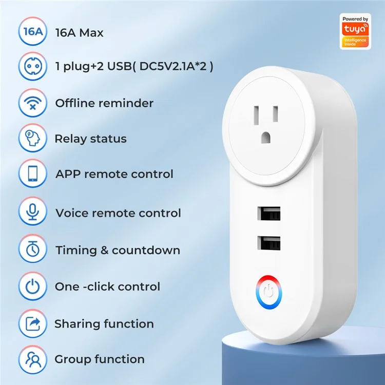 Tuya Bluetooth+Wifi Smart Plug 16A Power Socket Wall Charger with USB Port - US Plug