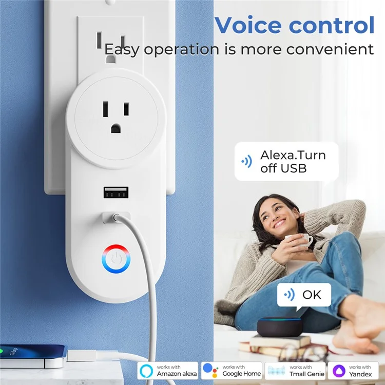 Tuya Bluetooth+Wifi Smart Plug 16A Power Socket Wall Charger with USB Port - US Plug