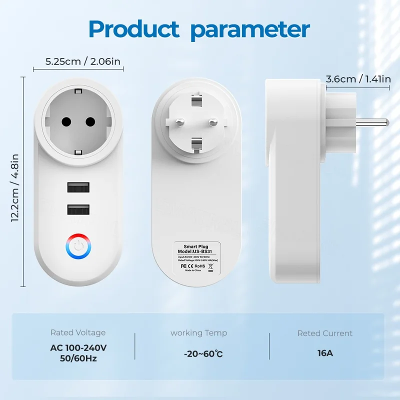 Tuya Bluetooth+Wifi Smart Plug 16A Power Socket Wall Charger with USB Port - EU Plug