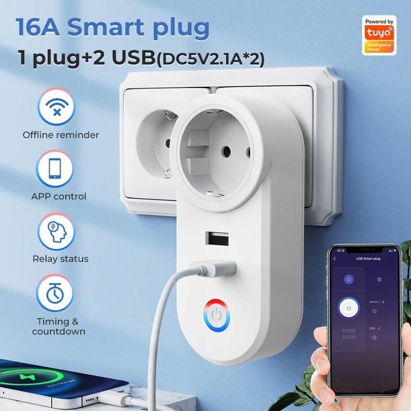 Tuya Bluetooth+Wifi Smart Plug 16A Power Socket Wall Charger with USB Port - EU Plug