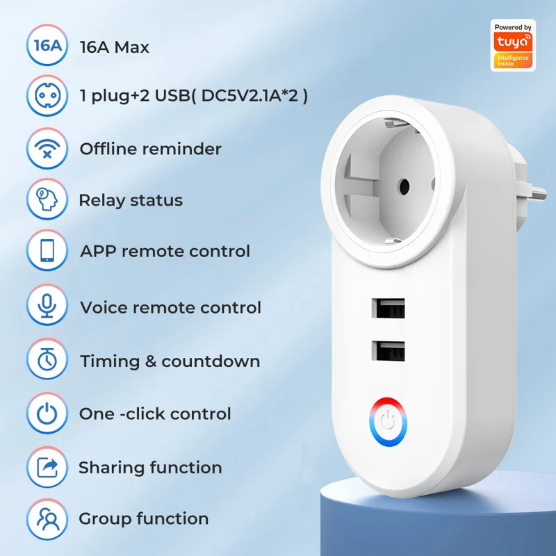 Tuya Bluetooth+Wifi Smart Plug 16A Power Socket Wall Charger with USB Port - EU Plug