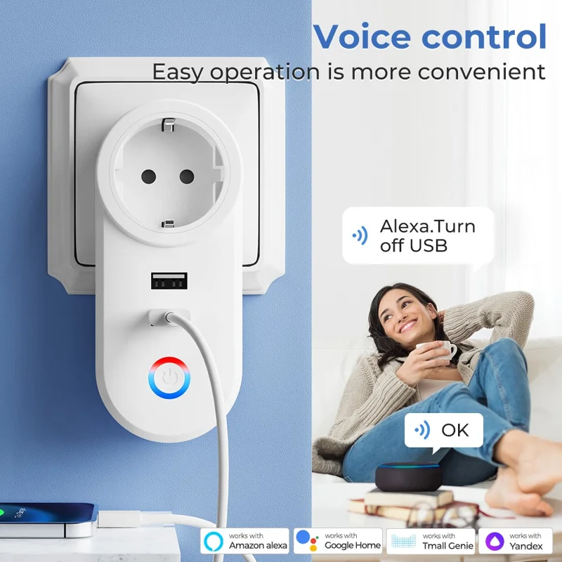 Tuya Bluetooth+Wifi Smart Plug 16A Power Socket Wall Charger with USB Port - EU Plug