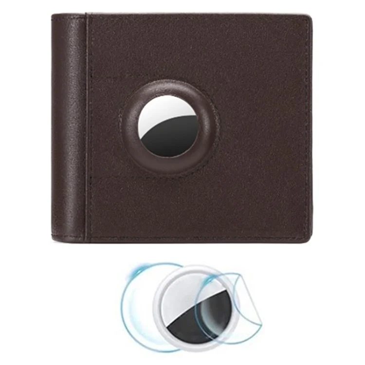 For AirTag Tracker Mens Wallet Genuine Cow Leather Bifold RFID Blocking Card Holder with Protective Film - Coffee
