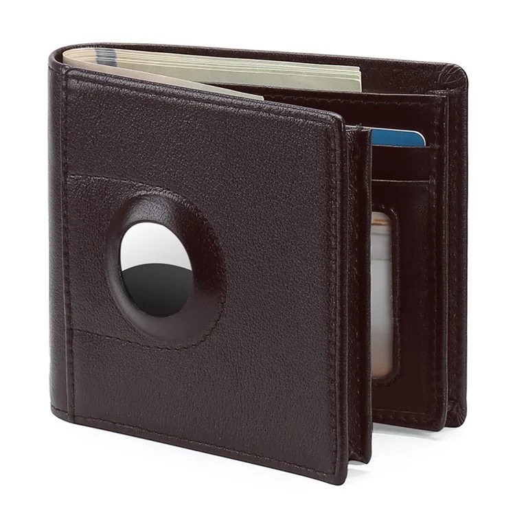 For AirTag Tracker Mens Wallet Genuine Cow Leather Bifold RFID Blocking Card Holder with Protective Film - Coffee