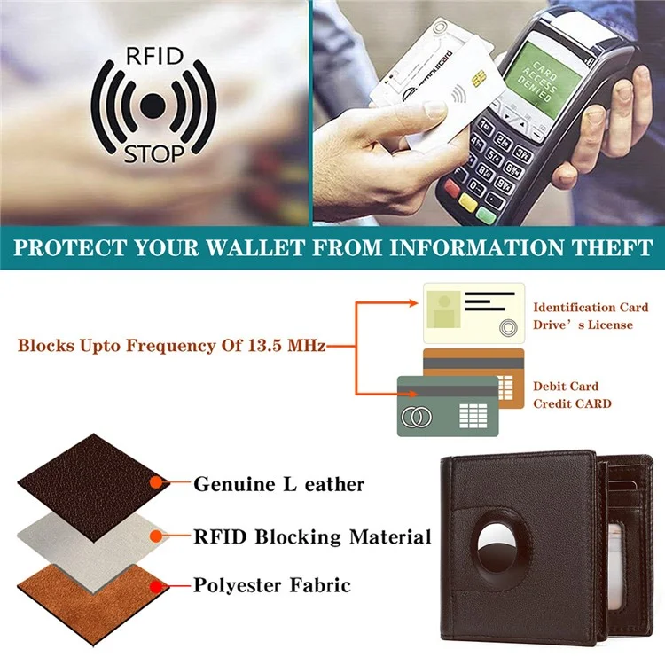 For AirTag Tracker Mens Wallet Genuine Cow Leather Bifold RFID Blocking Card Holder with Protective Film - Coffee