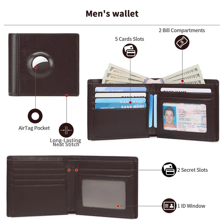 For AirTag Tracker Mens Wallet Genuine Cow Leather Bifold RFID Blocking Card Holder with Protective Film - Coffee