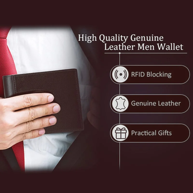 For AirTag Tracker Mens Wallet Genuine Cow Leather Bifold RFID Blocking Card Holder with Protective Film - Coffee