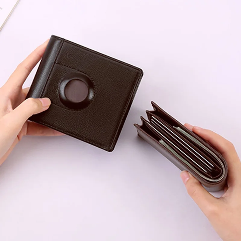For AirTag Tracker Mens Wallet Genuine Cow Leather Bifold RFID Blocking Card Holder with Protective Film - Coffee