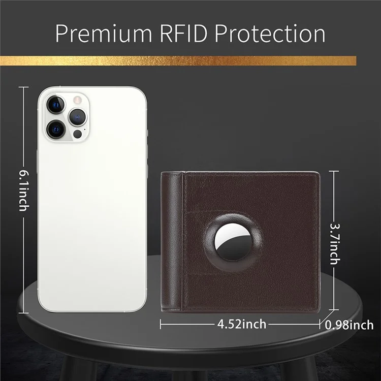 For AirTag Tracker Mens Wallet Genuine Cow Leather Bifold RFID Blocking Card Holder with Protective Film - Coffee