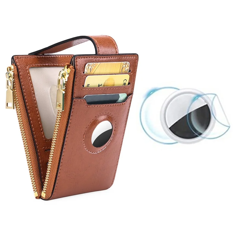 Women's Wallet for AirTag Holder Genuine Cow Leather Slim RFID Blocking Card Holder with Protective Film - Brown
