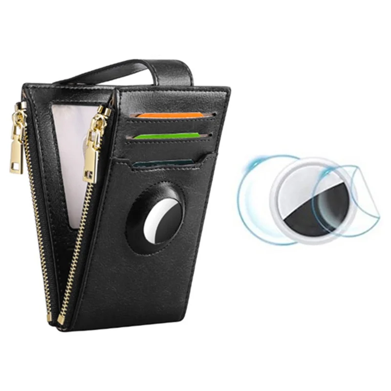 Women's Wallet for AirTag Holder Genuine Cow Leather Slim RFID Blocking Card Holder with Protective Film - Black