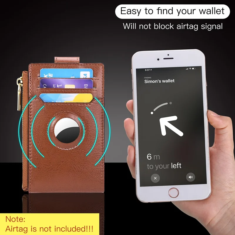 Women's Wallet for AirTag Holder Genuine Cow Leather Slim RFID Blocking Card Holder with Protective Film - Black