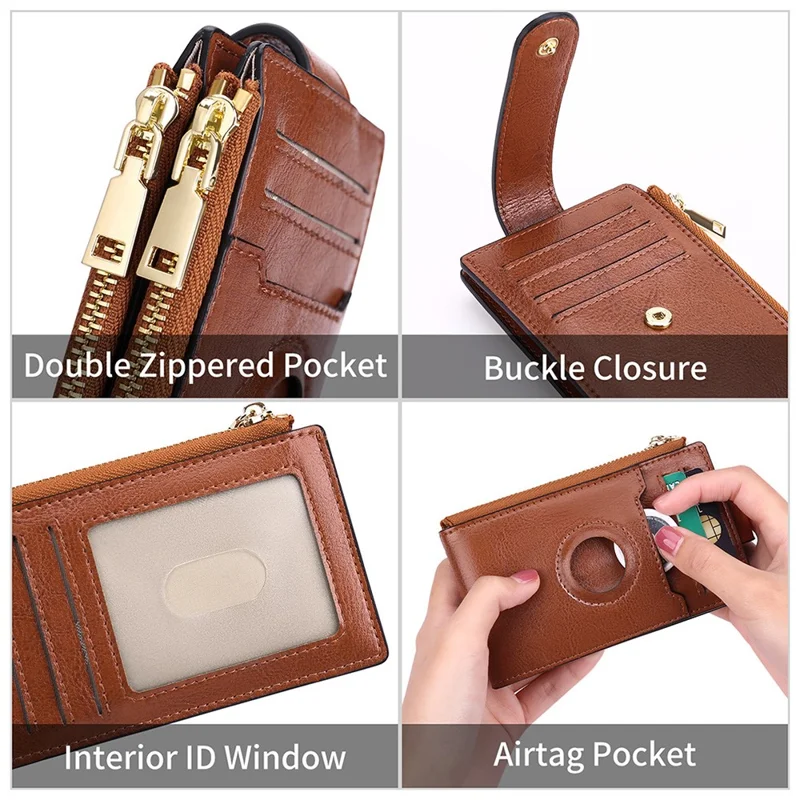 Women's Wallet for AirTag Holder Genuine Cow Leather Slim RFID Blocking Card Holder with Protective Film - Black