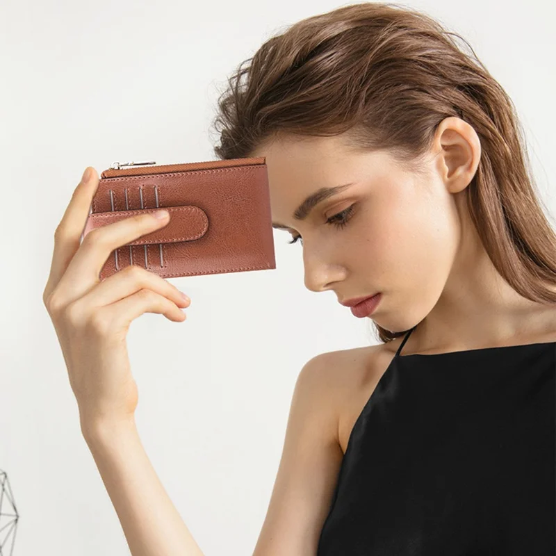 Women's Wallet for AirTag Holder Genuine Cow Leather Slim RFID Blocking Card Holder with Protective Film - Black