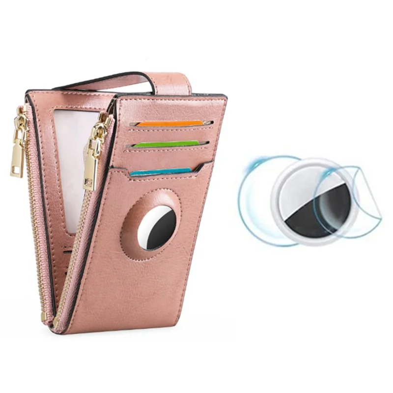 Women's Wallet for AirTag Holder Genuine Cow Leather Slim RFID Blocking Card Holder with Protective Film - Pink