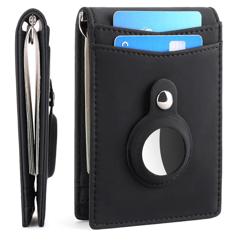 For AirTag Tracker Mens Wallet Genuine Cow Leather RFID Blocking Card Holder with Money Clip, Protective Film - Black