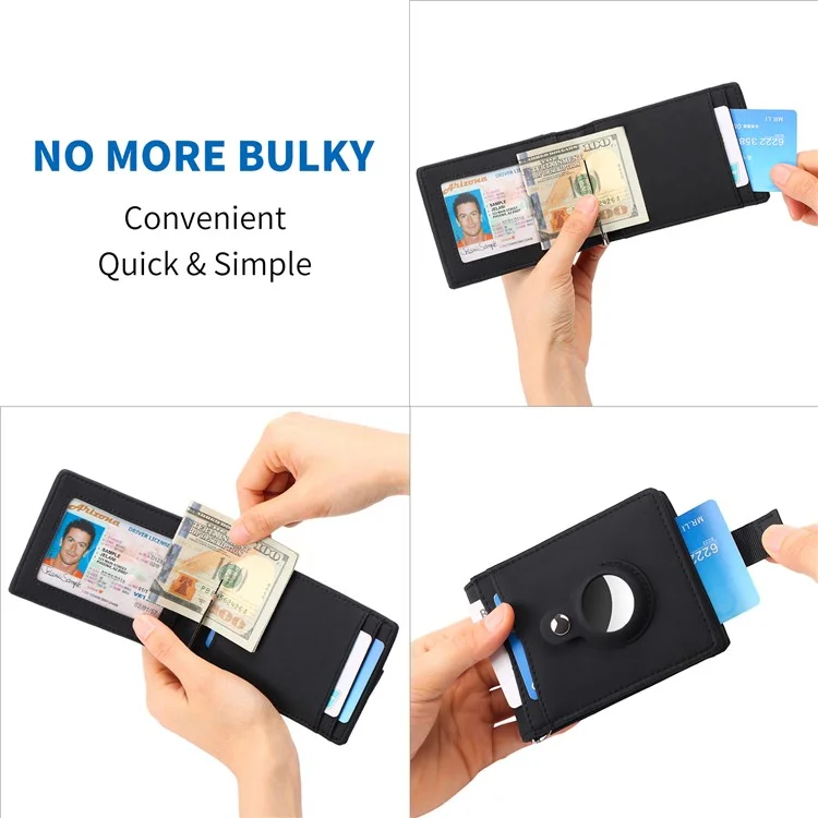 For AirTag Tracker Mens Wallet Genuine Cow Leather RFID Blocking Card Holder with Money Clip, Protective Film - Black