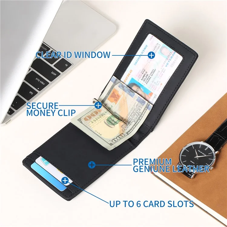 For AirTag Tracker Mens Wallet Genuine Cow Leather RFID Blocking Card Holder with Money Clip, Protective Film - Black