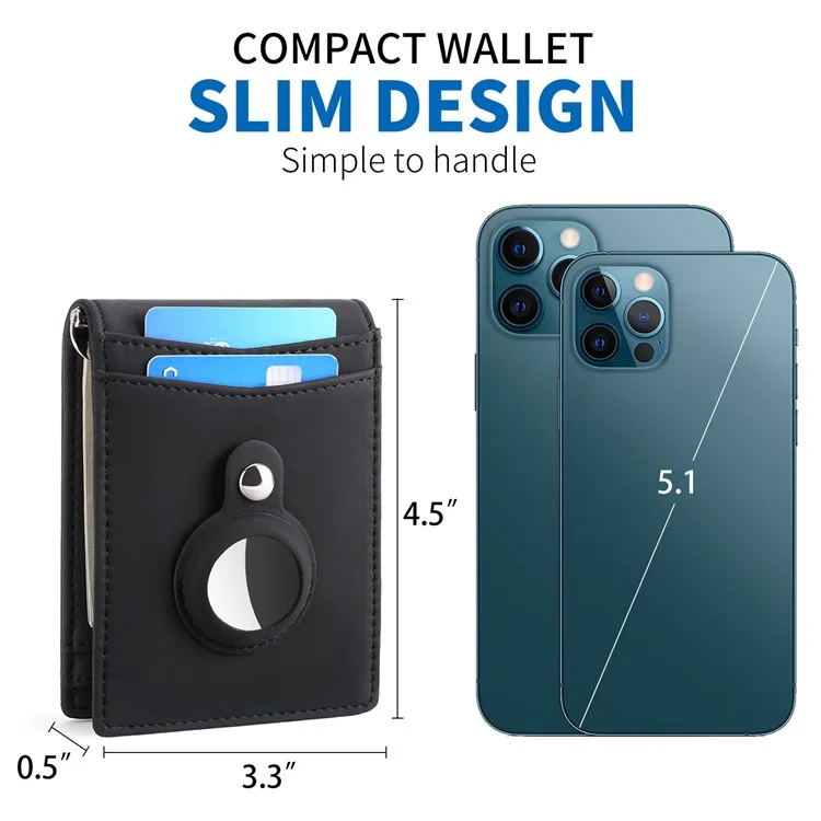 For AirTag Tracker Mens Wallet Genuine Cow Leather RFID Blocking Card Holder with Money Clip, Protective Film - Black