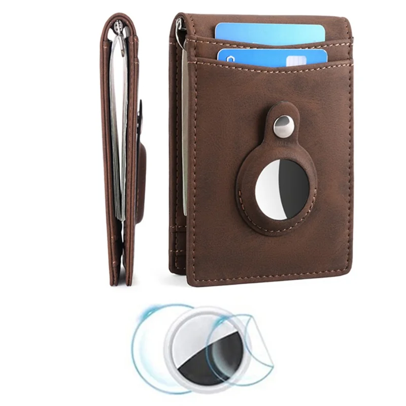 For AirTag Tracker Mens Wallet Genuine Cow Leather RFID Blocking Card Holder with Money Clip, Protective Film - Coffee