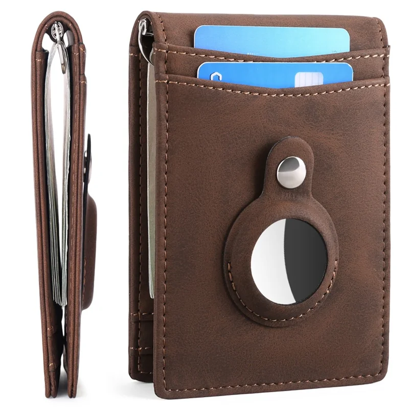 For AirTag Tracker Mens Wallet Genuine Cow Leather RFID Blocking Card Holder with Money Clip, Protective Film - Coffee