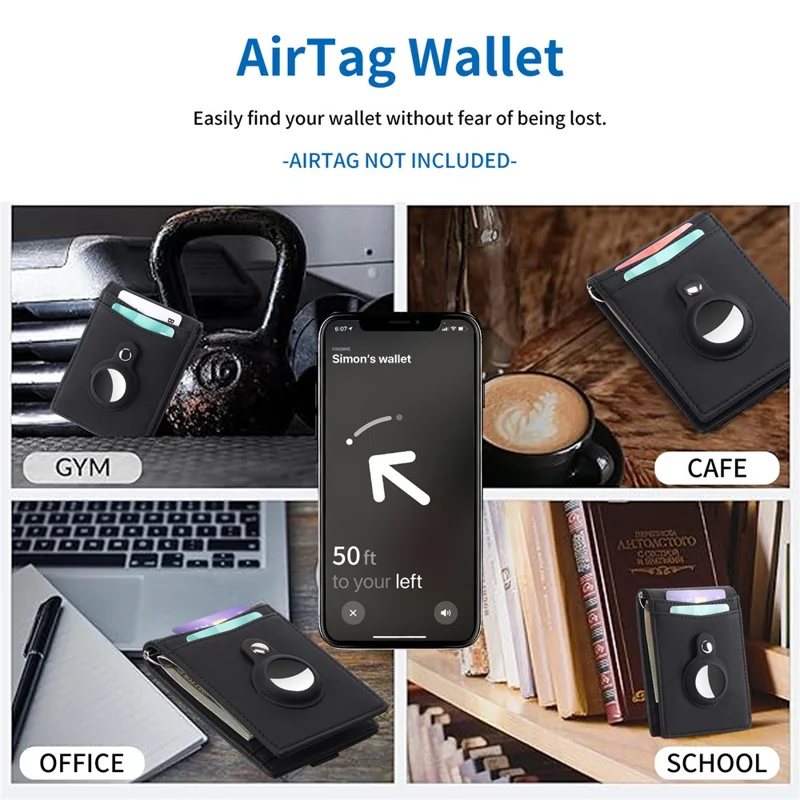 For AirTag Tracker Mens Wallet Genuine Cow Leather RFID Blocking Card Holder with Money Clip, Protective Film - Coffee