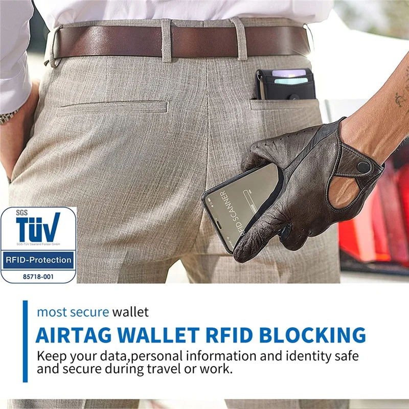 For AirTag Tracker Mens Wallet Genuine Cow Leather RFID Blocking Card Holder with Money Clip, Protective Film - Coffee