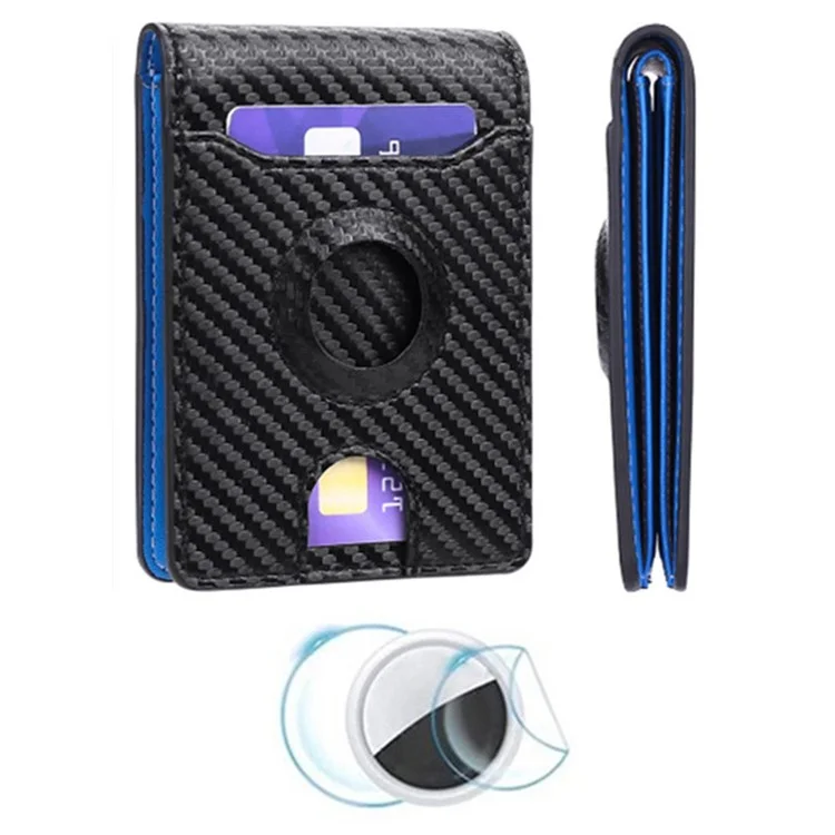 For AirTag Tracker Wallet Bifold Carbon Fiber Microfiber Leather RFID Blocking Card Holder with Protective Film - Black  /  Blue