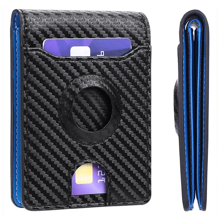 For AirTag Tracker Wallet Bifold Carbon Fiber Microfiber Leather RFID Blocking Card Holder with Protective Film - Black  /  Blue