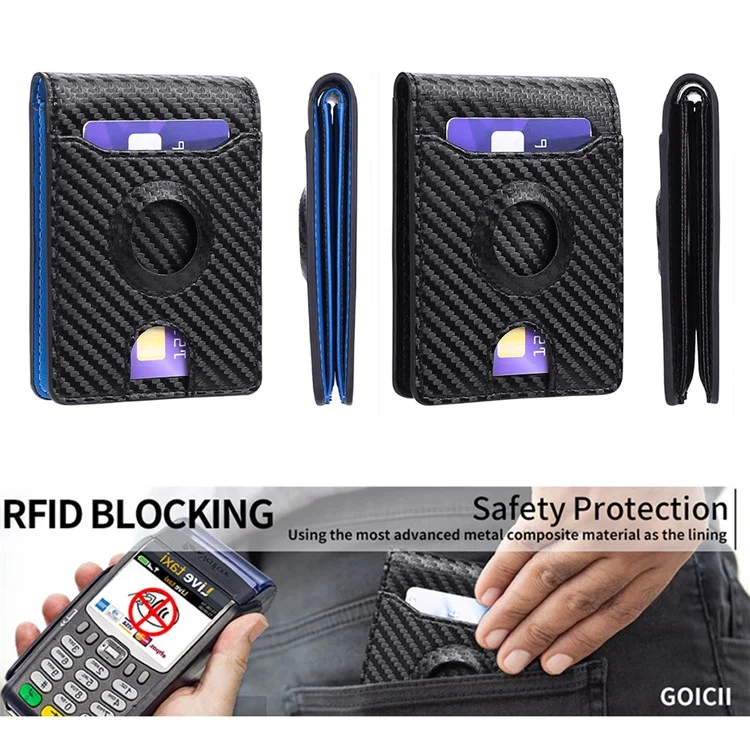 For AirTag Tracker Wallet Bifold Carbon Fiber Microfiber Leather RFID Blocking Card Holder with Protective Film - Black  /  Blue