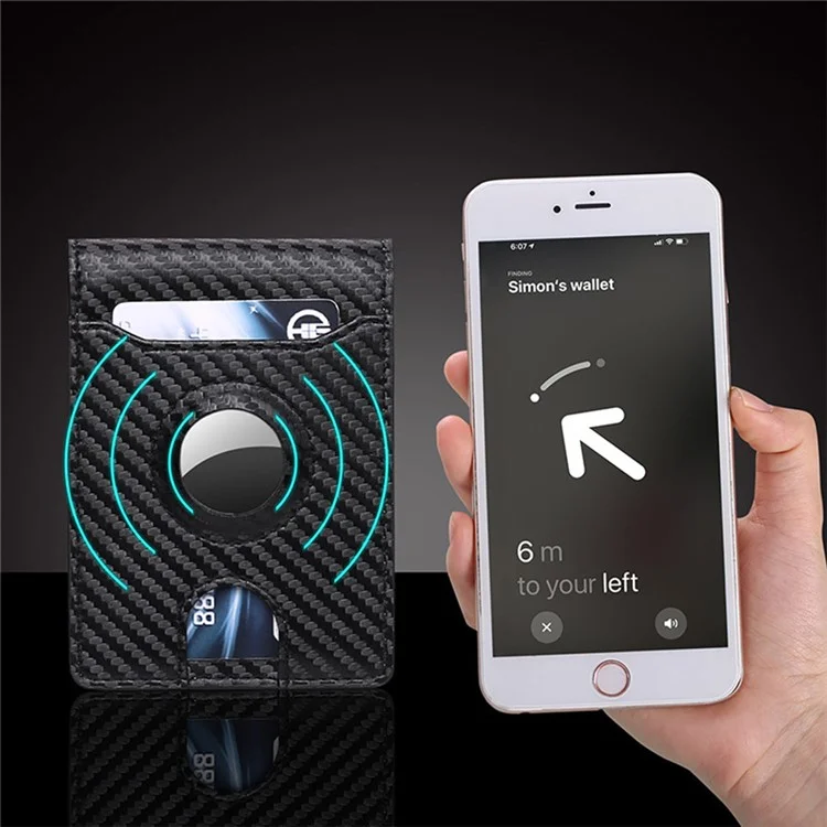For AirTag Tracker Wallet Bifold Carbon Fiber Microfiber Leather RFID Blocking Card Holder with Protective Film - Black  /  Blue