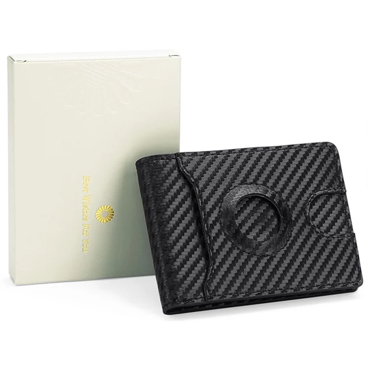 For AirTag Tracker Wallet Bifold Carbon Fiber Microfiber Leather RFID Blocking Card Holder with Protective Film - Black  /  Blue